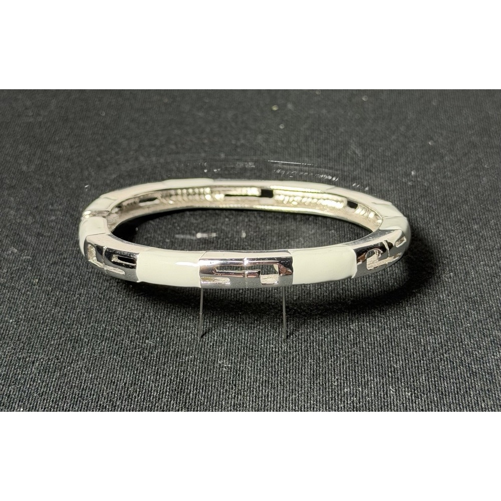 St. John Pale Blue Gray Enamel Silver Tone SJ Logo Hinged Bangle Bracelet